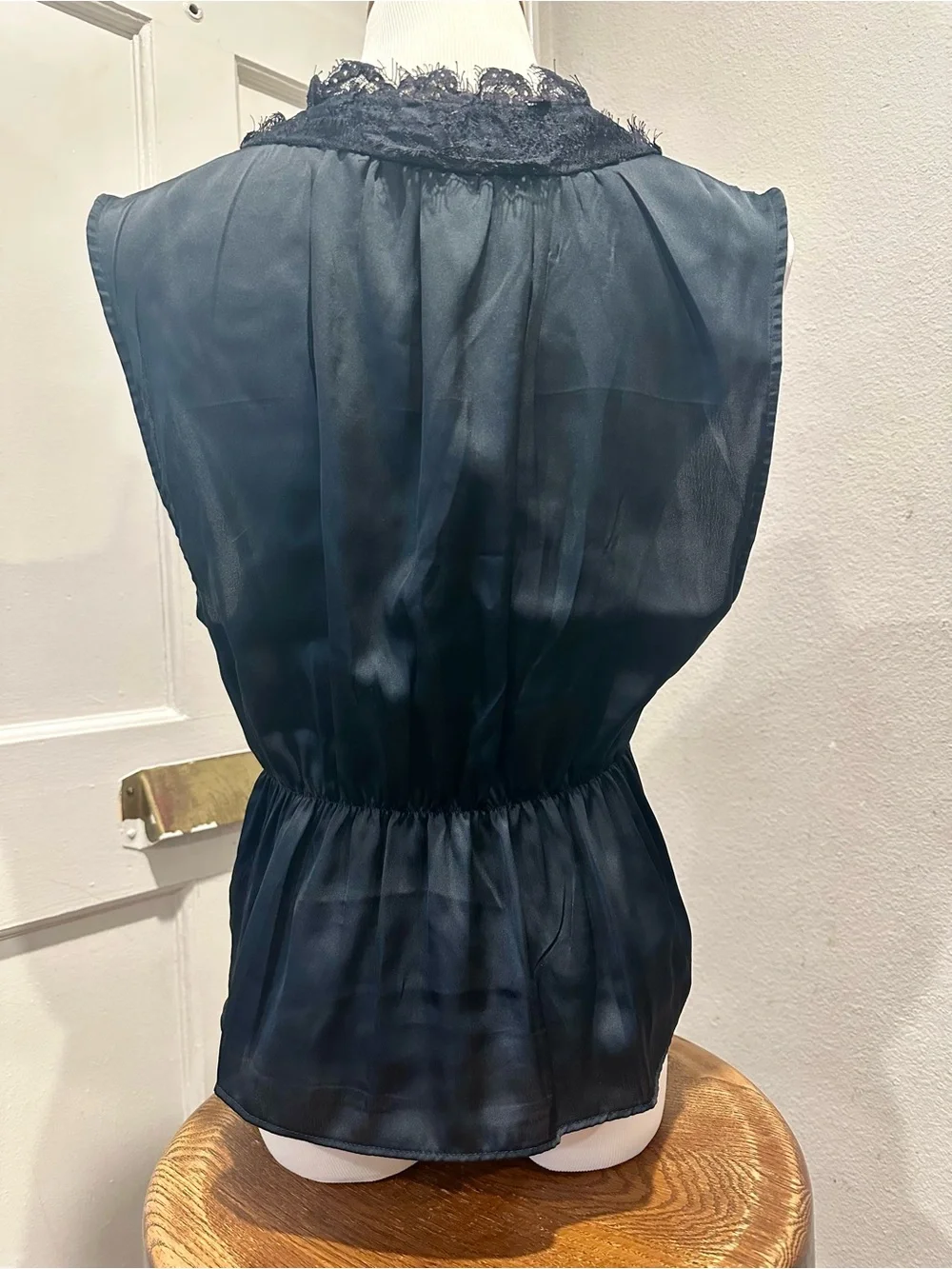 Free People Black Lace-Trim V-Neck Satin Marbella Top Goth Women’s Large NWT